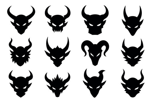Horned devil head silhouettes with evil eyes designed as a collection of twelve black monster faces for halloween decorations, gaming logos, and gothic designs