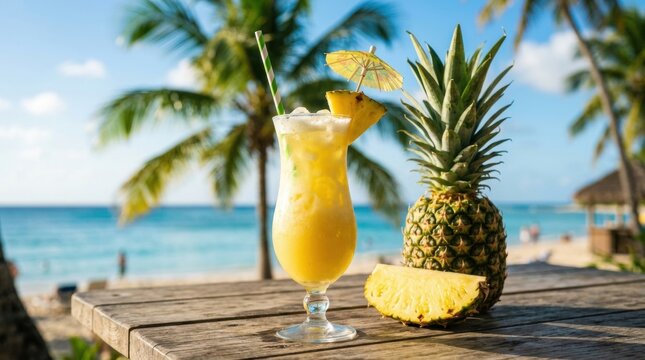 Refreshing tropical drink with pineapple garnish in tall genuine pina colada cocktail on a backdrop