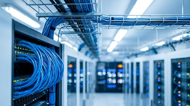 Server room with rows of computer servers racks and organized blue network cables in data center hallway.