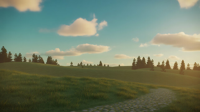 Photorealistic landscape scene with green rolling hills fluffy clouds and a winding stone pathway scenery terrain meadow grassland