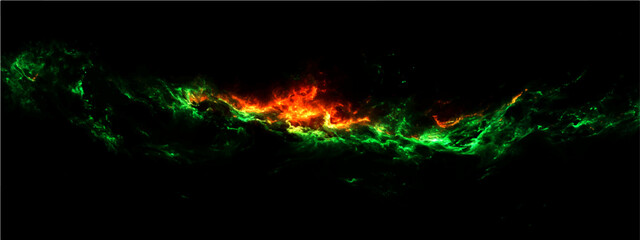 Nebula cluster in vibrant hues of emerald and crimson ignites dark expanse, a celestial masterpiece of cosmic dust and gas. © Ateş