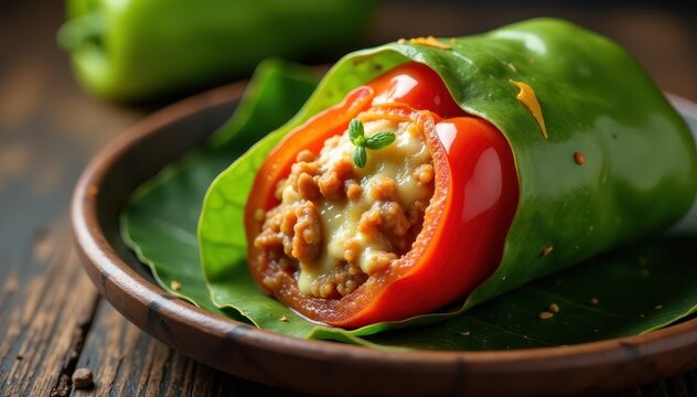 Rocoto stuffed with picante meat and cheese wrapped in banana leaves, yellow peppers, traditional recipe, cooking method