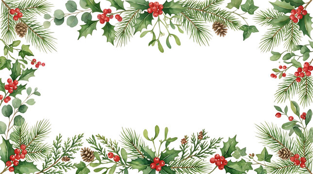 Watercolor Christmas Foliage Frame Clipart - Festive Pine, Holly Berries, and Mistletoe Border Isolated on Transparent Background