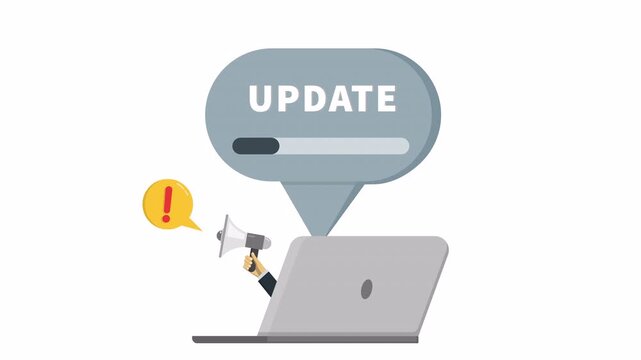 Animation of software update notification. Laptop with megaphone, alert icon and loading bar in speech bubble for system upgrade, new version, progress and technology announcement concept