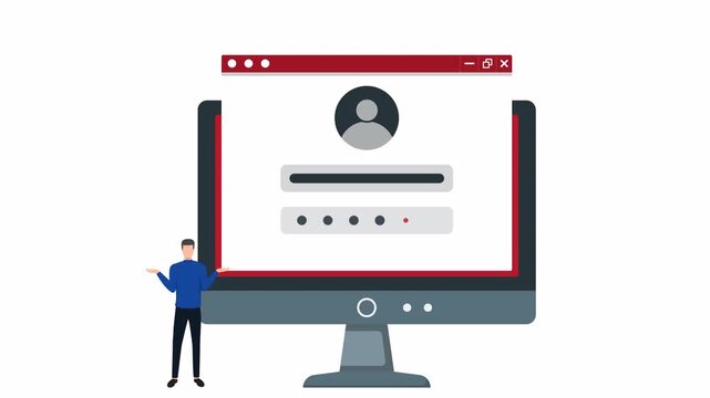 Animation of login error warning on desktop monitor. Confused person with question marks and red alert triangle for password failure, account problem and website security issue concept