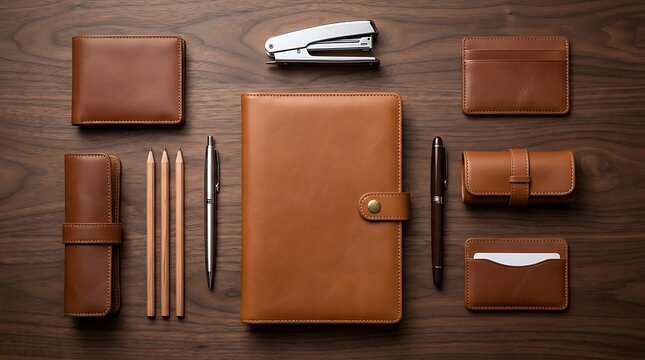 Elegant flat lay of premium brown leather stationery set including planner notebook stapler pens and card holders arranged symmetrically on dark luxury wooden desk office workspace display.