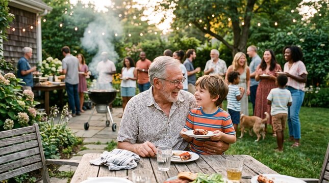Happy multi-generational family enjoying a summer picnic and outdoor dinner in a garden park, with smiling elderly couple and relatives sharing retirement lifestyle together outdoors