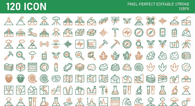 Geology and volcanology science research outline icons mega set featuring volcanoes earthquakes tectonic plates rock minerals vector elements bundle
