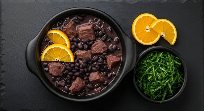  Brazilian Feijoada pork and black bean stew in a rustic dark clay pot centered on a black stone background, rich black bean sauce, bright orange orange slices on the rim, and vibrant green finely shr