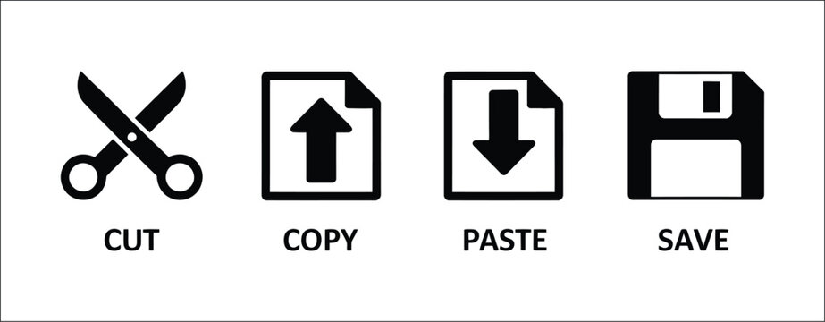 Graphic editor toolbar icons, cut, copy, paste and save operation symbols, outlined document editing interface elements, file management tools, vector illustration isolated on white background.