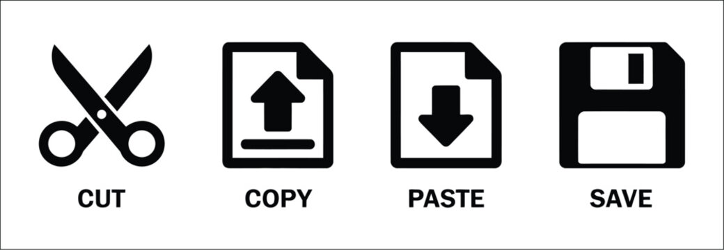 Graphic editor toolbar icons, cut, copy, paste and save operation symbols, outlined document editing interface elements, file management tools, vector illustration isolated on white background.