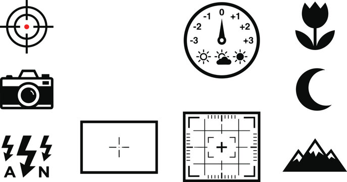 Digital camera interface display elements vector illustration set including focus target exposure dial mode and macro icons