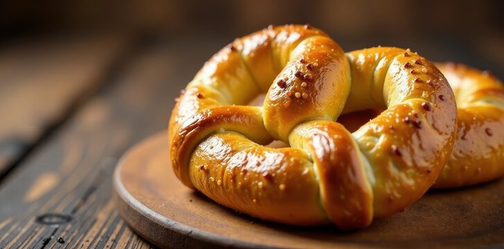 Soft Pretzel with golden-brown crust and a side of tangy mustard, dipping sauce, golden brown, soft pretzels