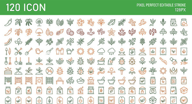 Herbs and spices agriculture farming outline icons mega set featuring aromatic plants gardening tools organic harvesting vector elements bundle