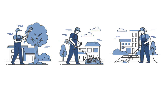 Flat line vector illustration set of professional gardeners performing tree pruning, lawn trimming with a weed whacker, and pressure washing a stone walkway outside modern houses.