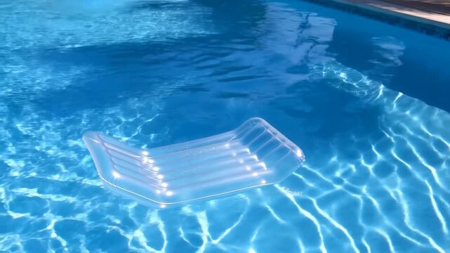 Clear plastic chair floating in water, in swimming pool, with clear plastic chair, with plastic texture, from a top-down perspective perspective, with blue, white accents.