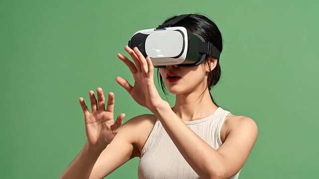 A young woman wearing a virtual reality headset on green background