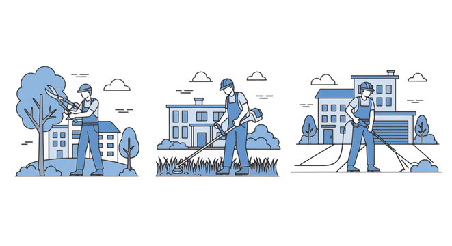 Professional landscaping and home maintenance service illustration set featuring male workers pruning trees, mowing grass with a trimmer, and pressure washing a residential driveway.