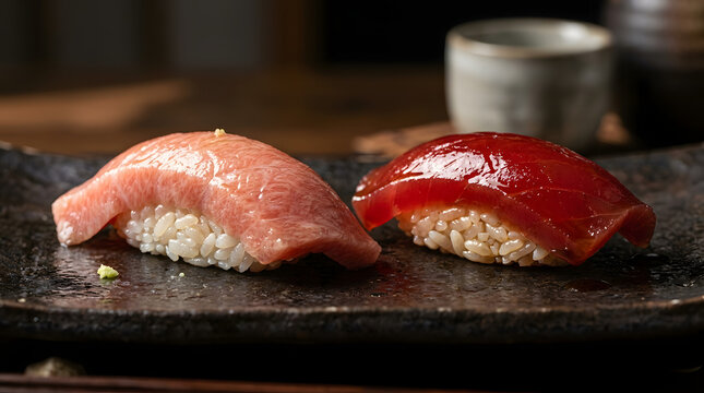 Two premium tuna nigiri sushi pieces &mdash; otoro and akami &mdash; served on a dark stone slate at an intimate omakase counter.