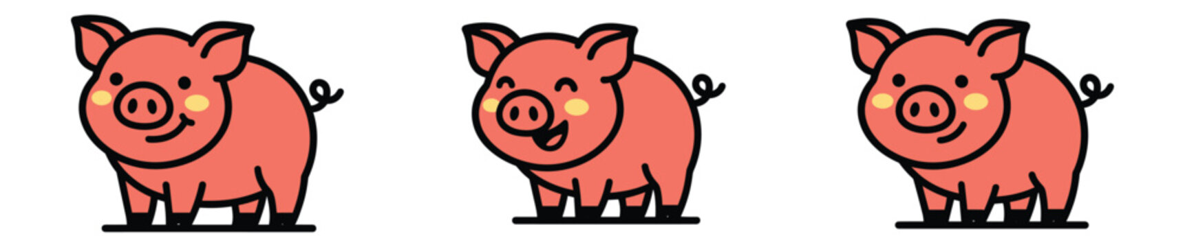 Pink pigs with different facial expressions. Pink pigs with curly tails and different facial expressions