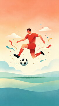 Flat Illustration of Male Soccer Player Kicking Ball Mid-Air, Confetti Streamers & Sunset Sky on Green Field &ndash; For Football Celebration & Sports Match Design
