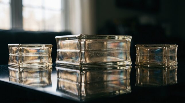 Shimmering Glass Blocks in Various Sizes Stacked on Stack of thick, clear sheets with textured