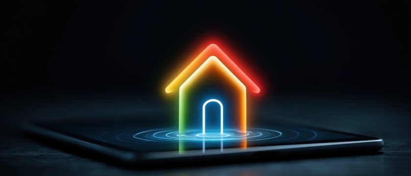 Smart home app displaying security status on tablet in modern living room digital technology user interface