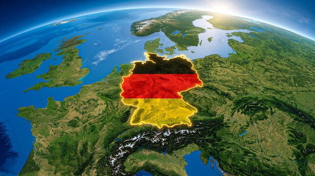 Germany flag map overlay on central europe satellite view with satellite