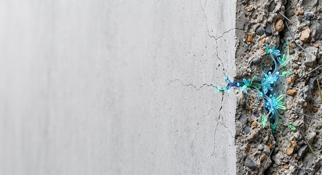 Innovative technological growth emerging from structural crack in concrete wall, concept of digital transformation and maritime decarbonization