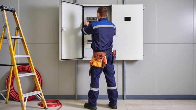 Electrical engineer servicing fuse box