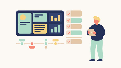 Fototapeta premium Minimalist vector illustration featuring a person holding a tablet while reviewing complex data charts and professional project management checklist tasks