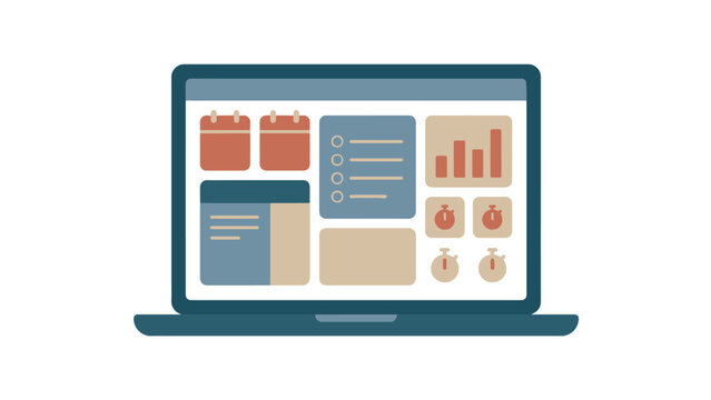 Flat vector illustration of a laptop screen displaying a professional project management dashboard with various organized task planning icons