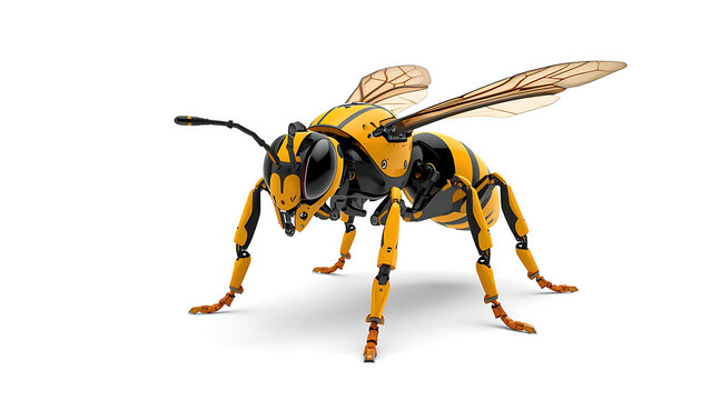 A highly detailed robotic bee with yellow and black body isolated on white background standing in a dynamic pose with visible mechanical components and transparent wings