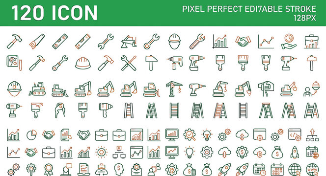 Space exploration astronomy science and solar Construction tools heavy machinery and business analytics management outline icons mega set featuring hand tools excavators ladders vector 