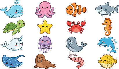 Cute sea animal collection with whale, dolphin, shark and octopus characters, adorable ocean cartoon vector set isolated on white background © Md