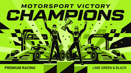 Obraz premium Motorsport Champions Victory Celebration With Trophy And Race Cars