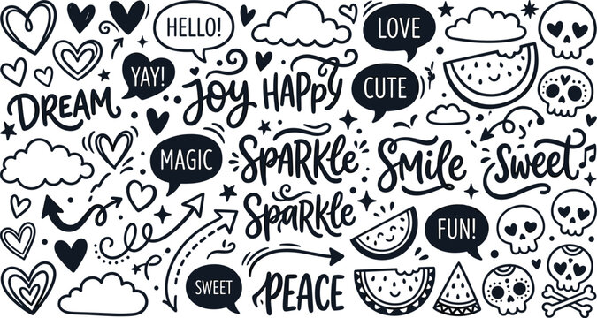 Collection of hand drawn cute doodle lettering stickers and elements