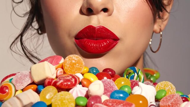 A woman with bright red lipstick holds a pile of candy