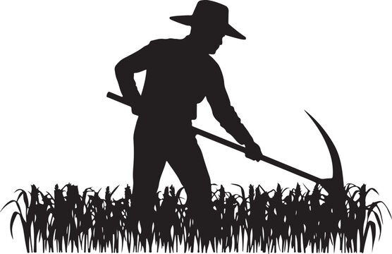Silhouette of a farmer, hoeing in a field of crops farming