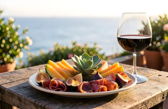 Estate: salutare merenda o pranzo con piatto di melone, fichi e prosciutto crudo