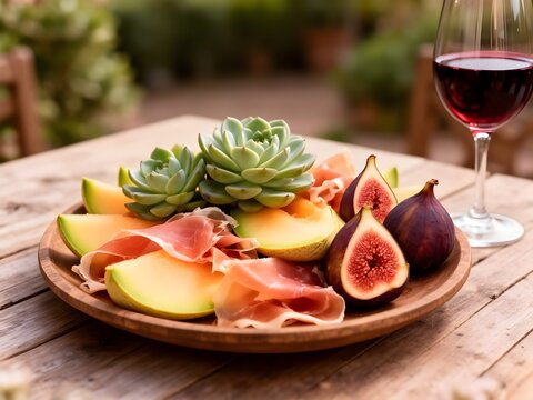 Estate: salutare merenda o pranzo con piatto di melone, fichi e prosciutto crudo