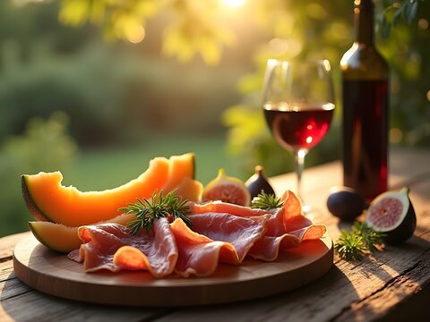 Estate: salutare merenda o pranzo con piatto di melone, fichi e prosciutto crudo