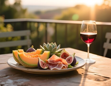 Estate: salutare merenda o pranzo con piatto di melone, fichi e prosciutto crudo