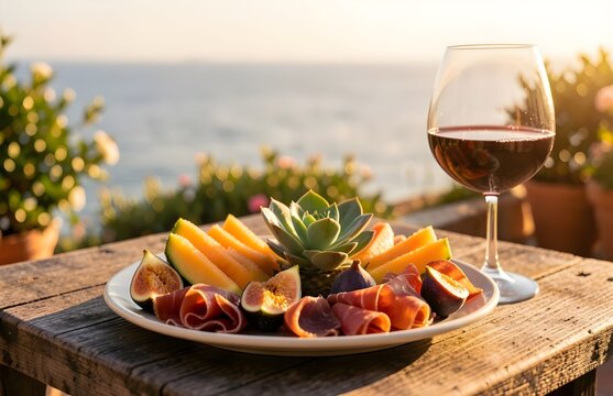 Estate: salutare merenda o pranzo con piatto di melone, fichi e prosciutto crudo