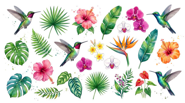 Watercolor Tropical Elements Clipart Set - Hummingbirds, Hibiscus, Monstera Leaves, and Exotic Flowers Isolated on Transparent Background
