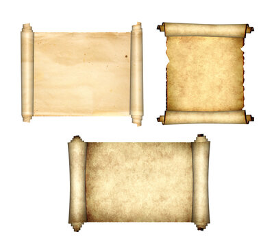 Set of weathered old parchment with rolled edges. Aged medieval paper sheet with curled edges. Unique, vintage look, adding a touch of history to project. Isolated on white. Copy space for text. 3d