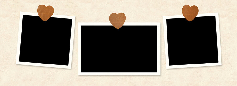 Three photo frame with heart-shaped adhesive tape pieces on stucco wall of beige color. Pictures album grid for scrapbooking. Vintage style mood board layout. Copy space for your text and photo