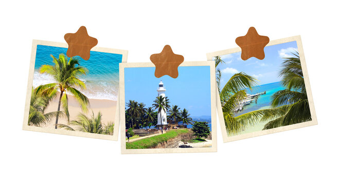 Travel and relax concept. Three photo frame with photo of palm, sand and ocean waves. Vintage style mood board layout. Isolated on white background. Topic of vacation, travel, trip, cruises, tour