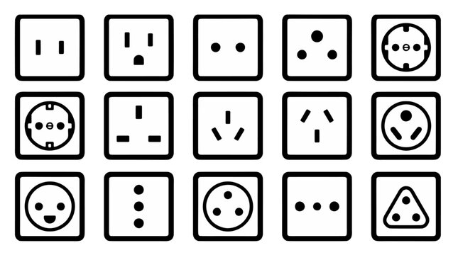 International Plug Types and World Electrical Outlets Icons Set