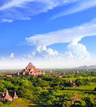 Aerial view on temples in the Archaeological Zone, Bagan, Myanmar. Top view on ancient stupas in old city of Pagan, Burma. Topic of vacation, travel, trip abroad on vacation, cruises and tours